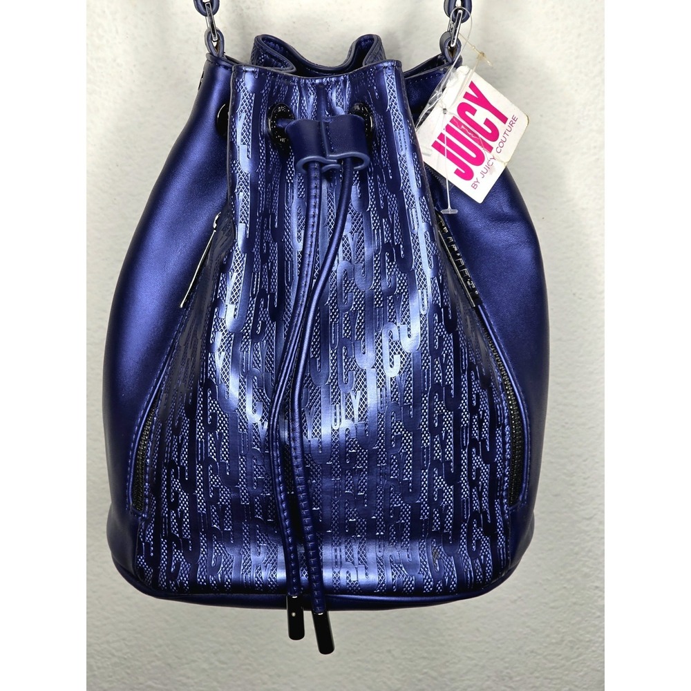 Y2k Juicy Couture Bucket Bag Metallic Blue Faux Leather Drawstring Crossbody